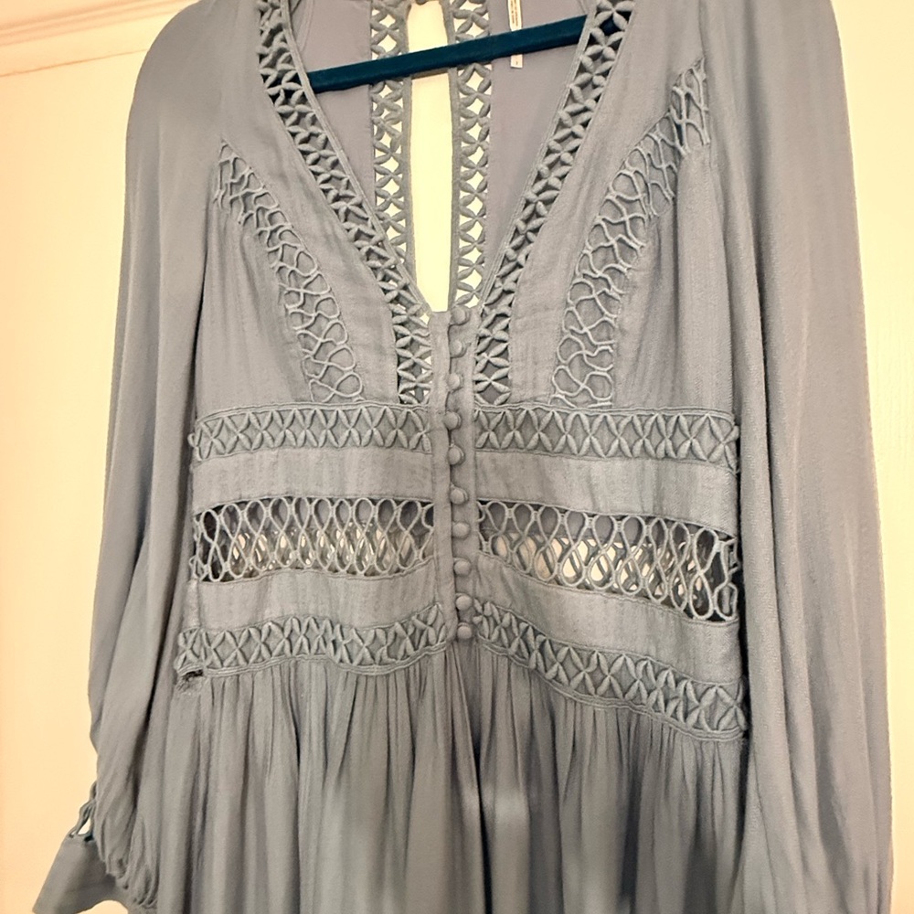 Free People Long Sleeve Blue Dress with Lace Accents sz 2